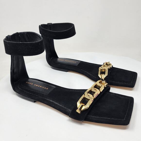Good American Ankle Wrap Sandals Women 9 Black Suede w/ Gold Chain Detail EUC - Picture 1 of 11